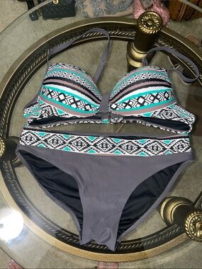 Gray Two-Piece Bikini with Turquoise & Black Geometric Print